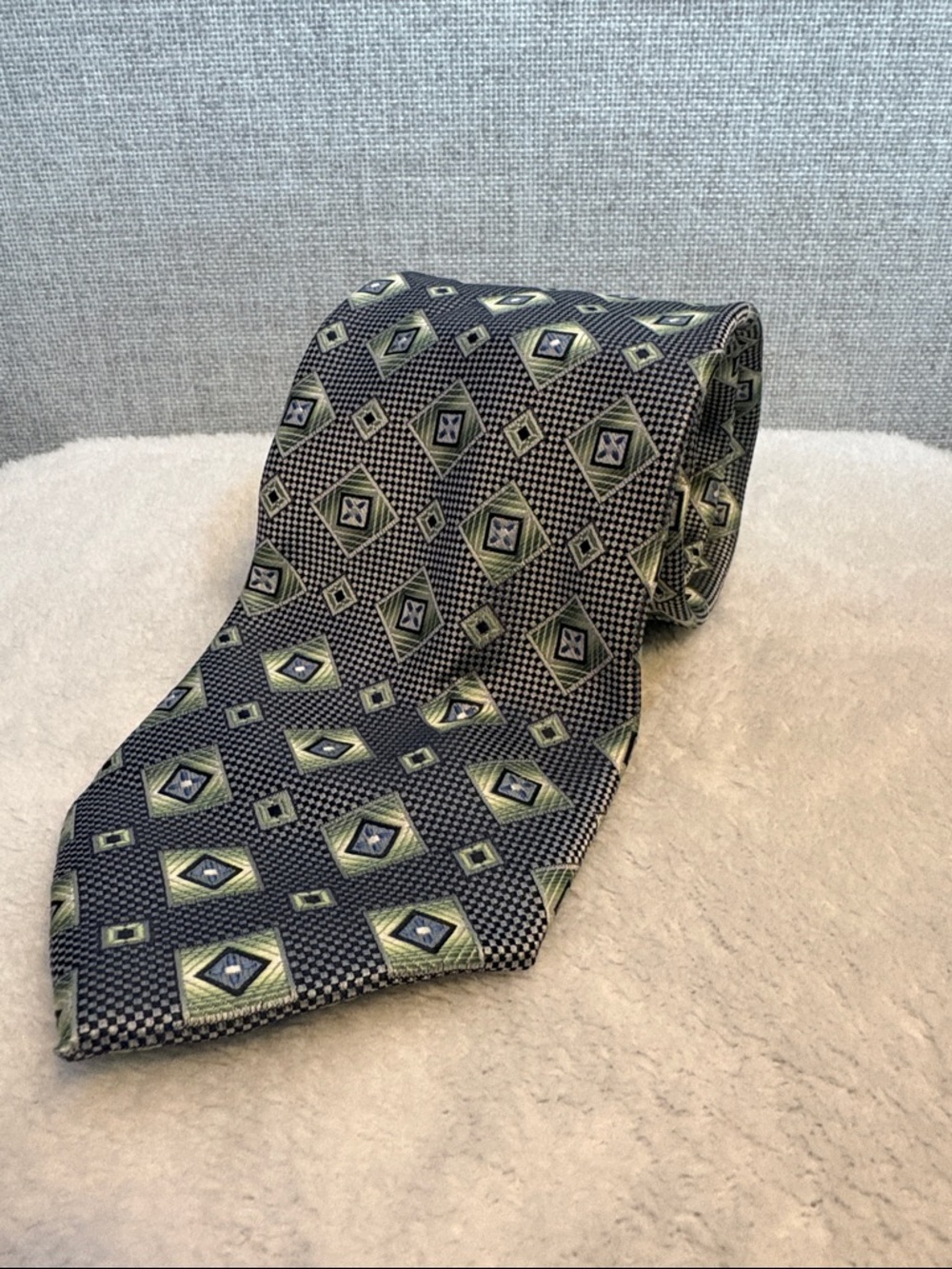 Giorgio Brutini Black Tie with Green Geometric Medallions